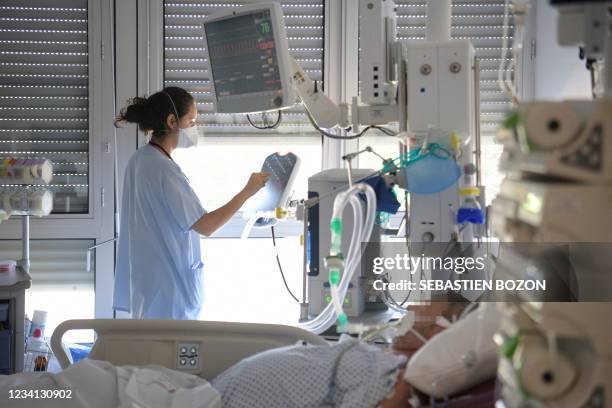 Medical staff takes care of a non-Covid-19 patient in the intensive care unit of the Emile Muller hospital in Mulhouse, eastern France, on July 23,...