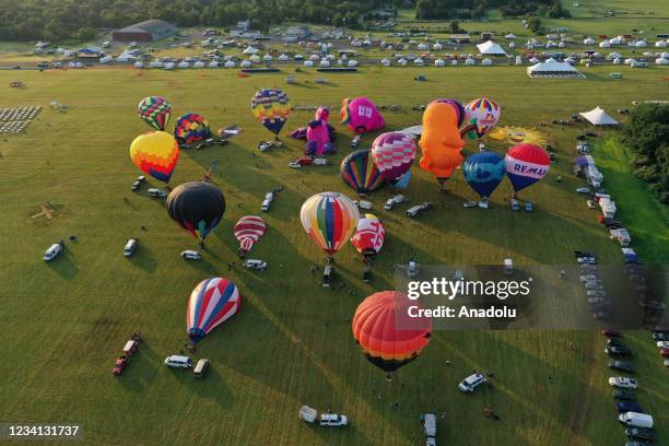 Drone photo shows an aerial view of Hot air balloons as they are prepared to fly across the sky during The 38th Annual New Jersey Lottery Festival of...