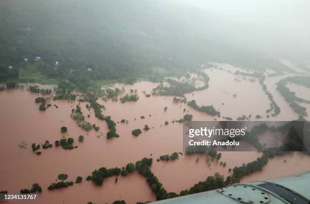Photo shows an aerial view of flooded area as the death toll in India's western Maharashtra state rose to 39 due to the landslides and other...