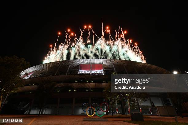 Fireworks explode above the stadium during the opening ceremony of the Tokyo 2020 Olympic Games at the Olympic Stadium in Tokyo, Japan on July 23,...