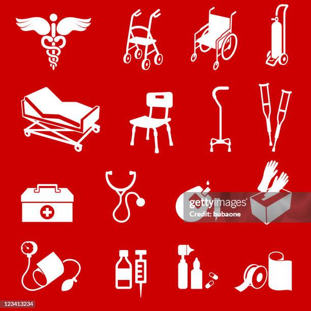 medical supplies rot lizenzfreie vektor icon-set - sauerstoffbehälter stock-grafiken, -clipart, -cartoons und -symbole