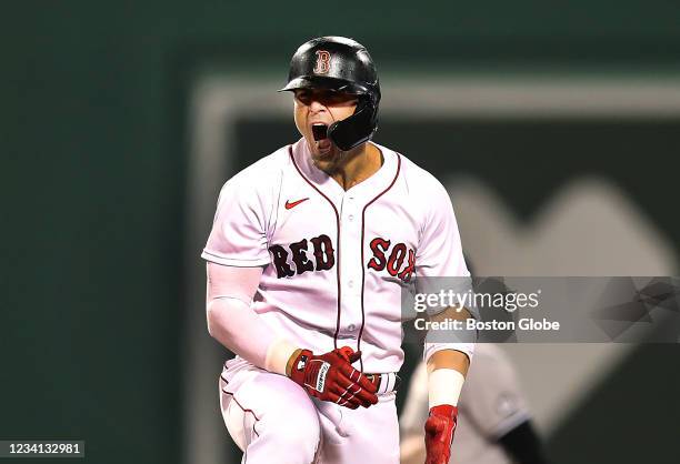 Boston, MA Boston Red Sox center fielder Enrique Hernandez is jubilant at 2nd base after his 9th inning 2rbi double tied the game 3-3 at Fenway Park...