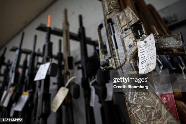 Rifles for sale at Knob Creek Gun Range in West Point, Kentucky, U.S., on Thursday, July 22, 2021. Firearm sales have reached a near-record pace of...