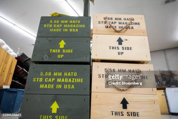 Crates containing shipments of rifle magazines at Knob Creek Gun Range in West Point, Kentucky, U.S., on Thursday, July 22, 2021. Firearm sales have...