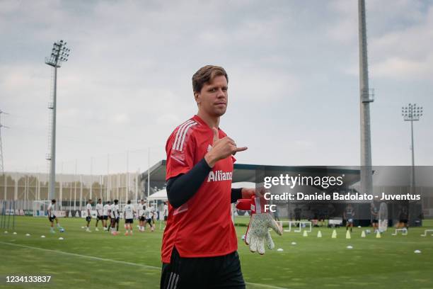 Juventus player Wojciech Szczesny gestures during a training session at JTC on July 23, 2021 in Turin, Italy.