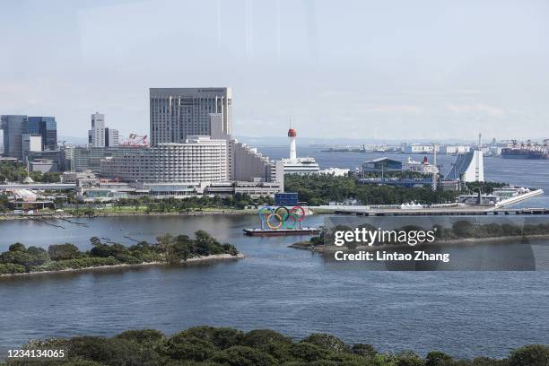 General view of Olympic Rings cruises Odaiba Marine Park in Tokyo Bay during the Opening Ceremony of the Tokyo 2020 Olympic Games on July 23, 2021 in...