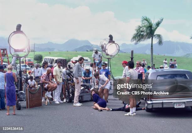 Pictured is Tom Selleck with Marta DuBois , in a production shot of the MAGNUM PI episode, "Little Girl Who." Air date, November 5, 1986.