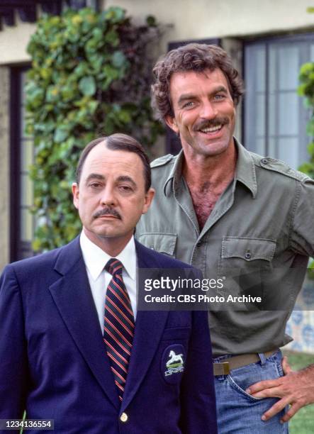 Pictured from left is John Hillerman , Tom Selleck in the CBS television series, MAGNUM PI.