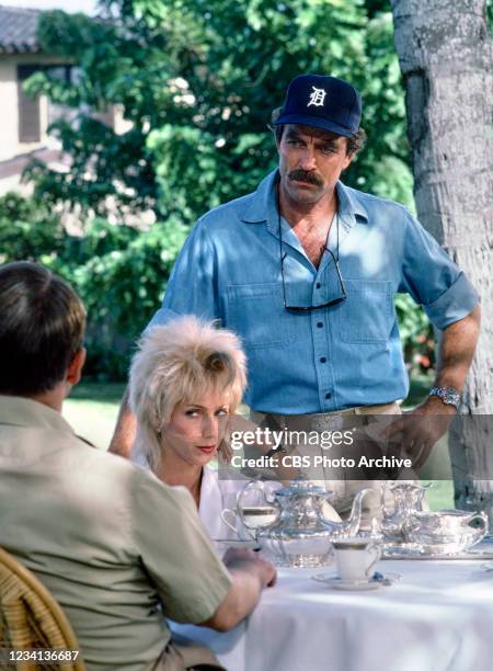 Pictured from left is John Hillerman , Jillie Mack , Tom Selleck in the MAGNUM PI episode, "Professor Jonathan Higgins," which aired January 10, 1985.