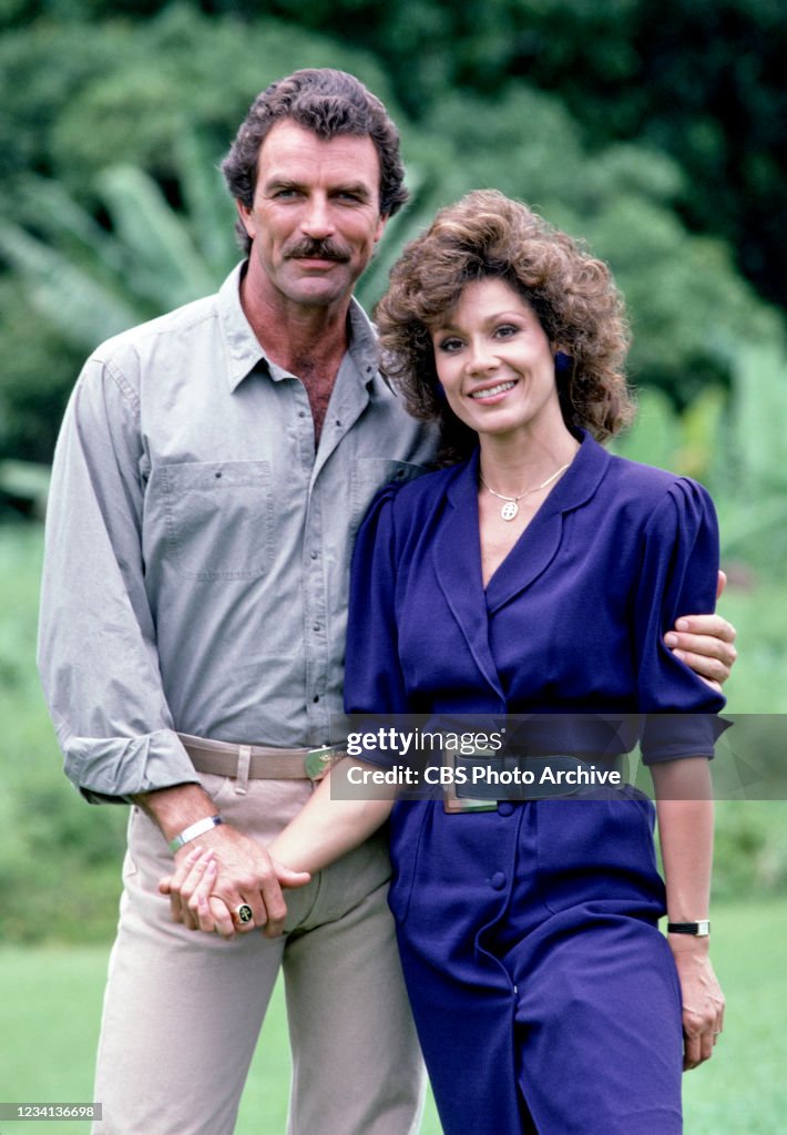 Pictured from left is Tom Selleck , Marta DuBois in the MAGNUM PI ...