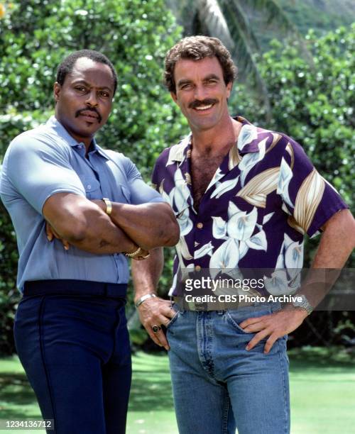 Pictured from left is Roger E. Mosley , Tom Selleck in the CBS television series, MAGNUM PI.