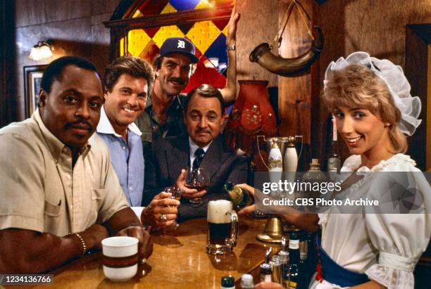 Pictured from left is Roger E. Mosley , Larry Manetti , Tom Selleck , John Hillerman , Jillie Mack in the MAGNUM PI episode, "Professor Jonathan...