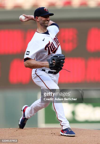 Happ of the Minnesota Twins pitches in the first inning against the Los Angeles Angels at Target Field on July 23, 2021 in Minneapolis, Minnesota.