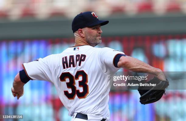 Happ of the Minnesota Twins pitches in the first inning against the Los Angeles Angels at Target Field on July 23, 2021 in Minneapolis, Minnesota.