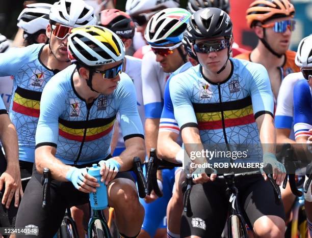 Belgian road cyclist Wout Van Aert and Belgian road cyclist Remco Evenepoel pictured at the start of the men's cycling road race, on the second day...