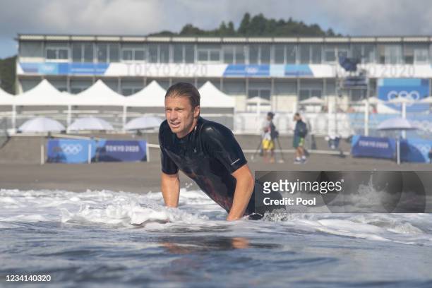 Kolohe Andino of Team United States paddles out during a free training session of the Tokyo 2020 Olympic Games at the Tsurigasaki Surfing Beach, on...