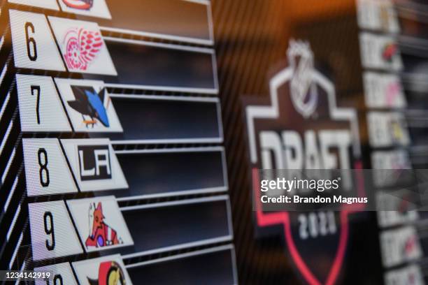 General look at the ty screen as the San Jose Sharks receive the 7th pick in the first round during the 2021 NHL Draft at SAP Center on July 23, 2021...