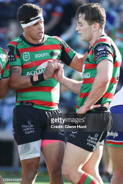 Cameron Murray of the Rabbitohs celebrates scoring a try during the round 19 NRL match between the South Sydney Rabbitohs and the New Zealand...