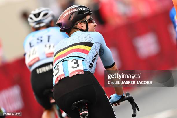 Belgian Remco Evenepoel of Deceuninck - Quick-Step crosses the finish line of the men's cycling road race, on the second day of the 'Tokyo 2020...