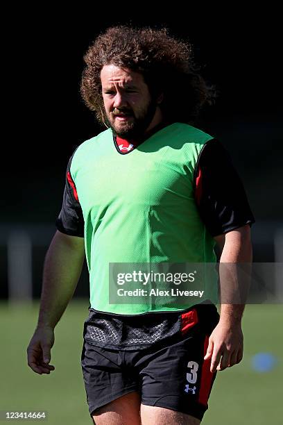 Prop forward Adam Jones looks on during a Wales IRB Rugby World Cup 2011 training session at Porirua Park on September 3, 2011 in Porirua, New...