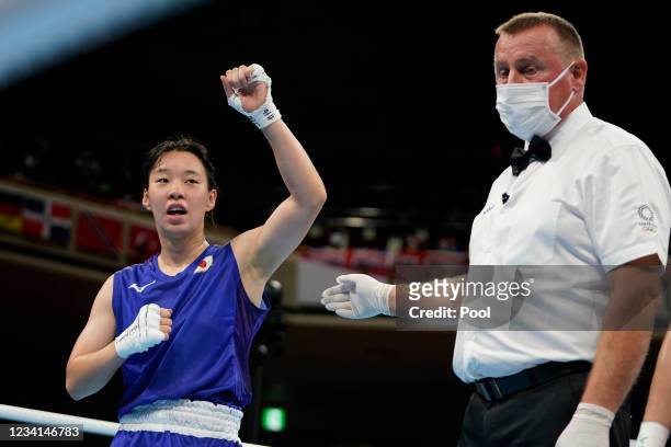Japans Sena Irie, after her women's featherweight 57-kg boxing match against El Salvadors Yamileth Solorzano at the Tokyo 2020 Olympics July 24, 2021...