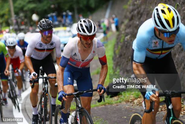Britain's Adam Yates rides in a breakaway during the men's cycling road race of the Tokyo 2020 Olympic Games finishing at the Fuji International...