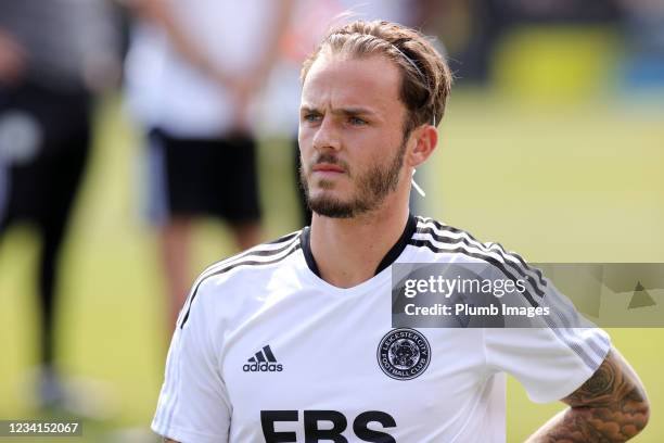 James Maddison of Leicester City warms up ahead of the Pre-Season friendly between Burton Albion and Leicester City at Pirelli Stadium on July 24,...