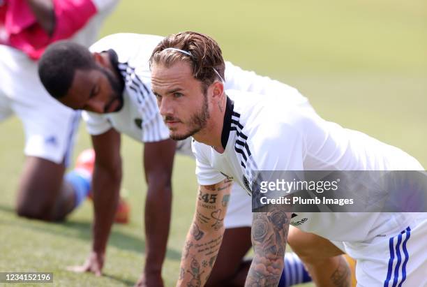 James Maddison of Leicester City warms up ahead of the Pre-Season friendly between Burton Albion and Leicester City at Pirelli Stadium on July 24,...