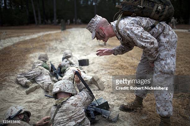 Marine Corps Drill Instructor shouts out proper crawling methods to recruits while under simulated fire during the 54-hour Crucible exercise January...