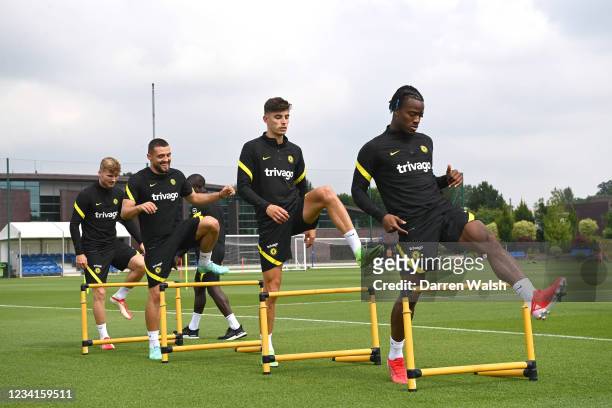 Timo Werner, Mateo Kovacic, Kai Havertz and Michy Batshuayi of Chelsea during a training session at Chelsea Training Ground on July 24, 2021 in...