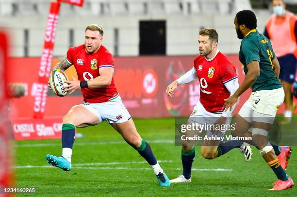 Cape Town , South Africa - 24 July 2021; Stuart Hogg, left, and Elliot Daly of British and Irish Lions in action during the first test of the British...