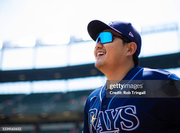 Ji-Man Choi of the Tampa Bay Rays looks on from the dugout during the game between the Tampa Bay Rays and the Baltimore Orioles at Oriole Park at...