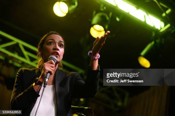 Rep. Alexandra Ocasio-Cortez speaks at a rally in support of Ohio Congressional Candidate Nina Turner on July 24, 2021 in Cleveland, Ohio. Turner, a...