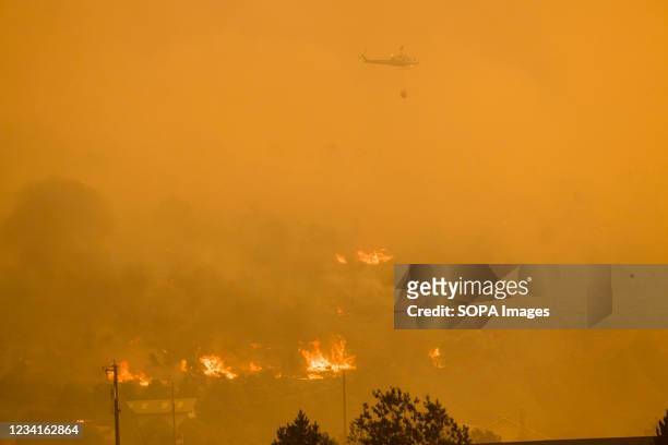 Helicopter fire crews work to contain the Tamarack fire as it encroaches on homes. The Tamarack fire has now burned more than 65,152 Acres and has...