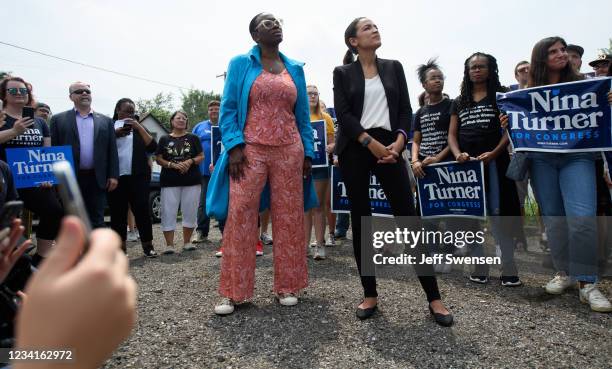 Rep. Alexandra Ocasio-Cortez campaigns with Ohio Congressional Candidate Nina Turner on July 24, 2021 in Cleveland, Ohio. Turner, a former Ohio State...