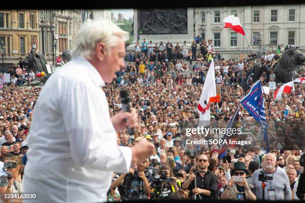 David Icke speaks to the protesters during the demonstration. Protesters held demonstration in London against the Covid-19 vaccine passport and other...