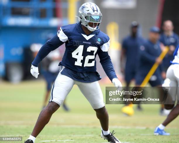 Linebacker Keanu Neal of the Dallas Cowboys runs a drill during training camp at River Ridge Complex on July 24, 2021 in Oxnard, California.