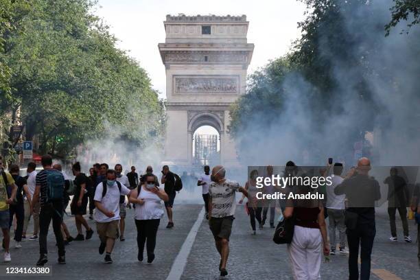 Protests against vaccines and the government's new health pass requirement continue for the second week in Paris, France on July 24, 2021. Nearly 168...