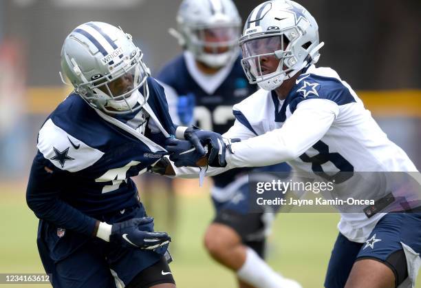 Cornerback Nahshon Wright of the Dallas Cowboys runs a drill during training camp at River Ridge Complex on July 24, 2021 in Oxnard, California.