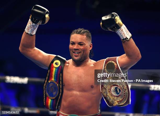 Joe Joyce celebrates victory against Carlos Takam after the WBO International, WBC Silver and Commonwealth Heavyweight Title Championships at the SSE...