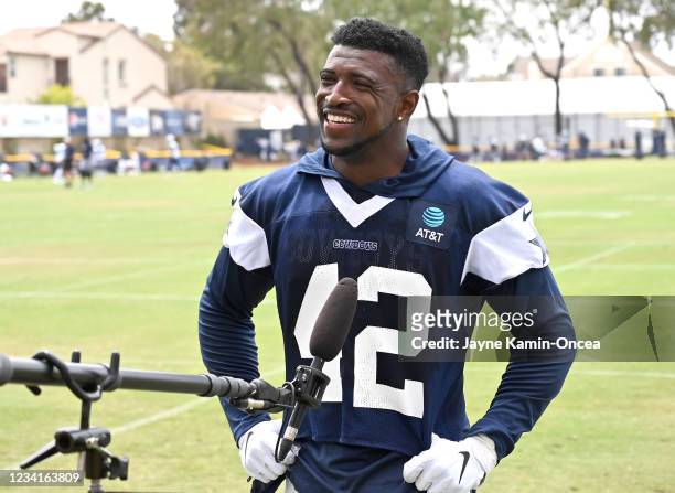 Linebacker Keanu Neal of the Dallas Cowboys answers questions from the media after a day of training camp at River Ridge Complex on July 24, 2021 in...