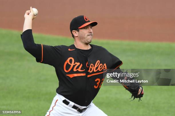 Matt Harvey of the Baltimore Orioles pitches in the first inning during a baseball game against the Washington Nationals at Oriole Park at Camden...