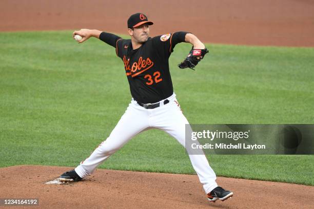 Matt Harvey of the Baltimore Orioles pitches in the first inning during a baseball game against the Washington Nationals at Oriole Park at Camden...