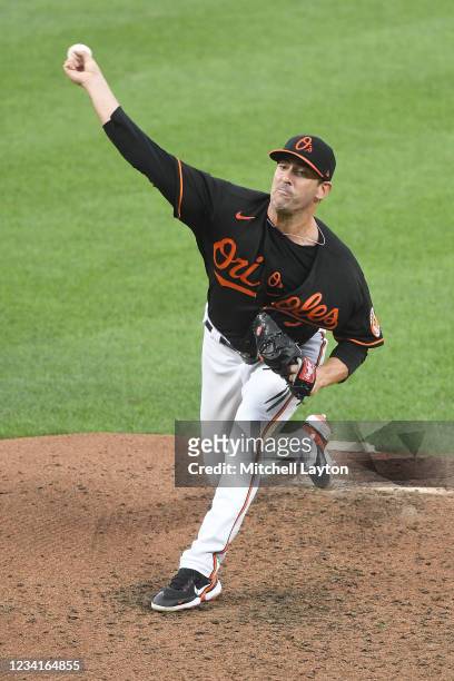 Matt Harvey of the Baltimore Orioles pitches in the fourth inning during a baseball game against the Washington Nationals at Oriole Park at Camden...