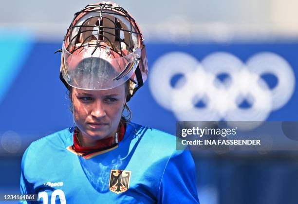 Germany's goalkeeper Julia Sonntag looks on during the women's pool A match of the Tokyo 2020 Olympic Games field hockey competition against Britain,...