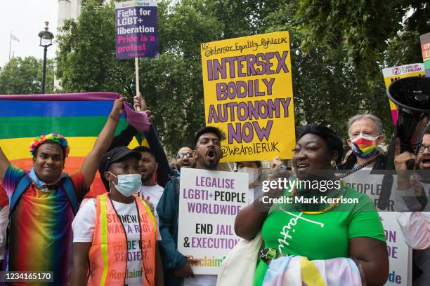 Phyll Opoku-Gyimah, co-founder and director of UK Black Pride, addresses LGBTI+ protesters in Parliament Square before the first-ever Reclaim Pride...