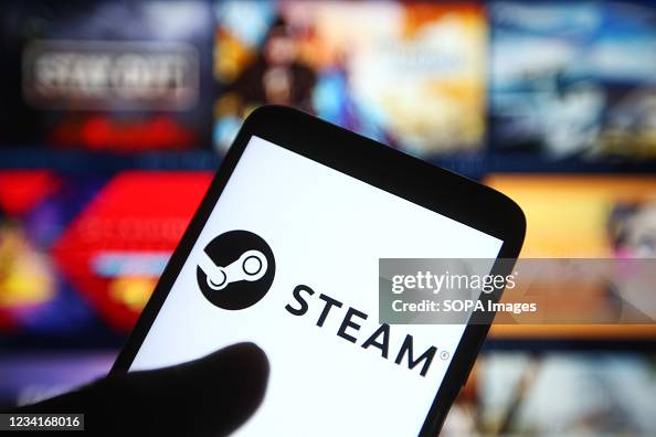 In this photo illustration a Steam logo of a video game...