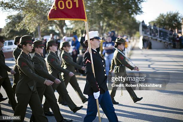 Female US Marines march during the recruit graduation ceremony January 7, 2011 at the Marine Corps Recruit Depot on Parris Island, South Carolina....