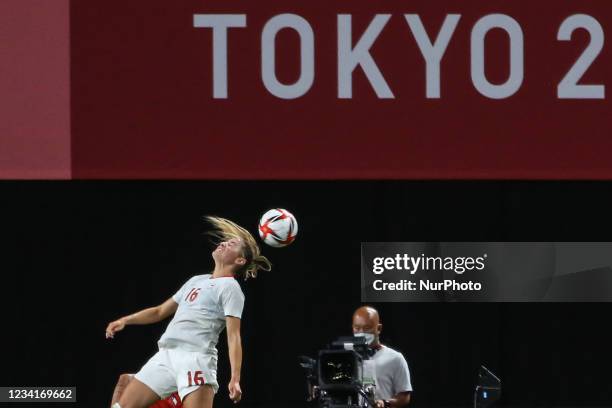 Janine BECKIE of Team Canada kick the ball with her head during the Women's First Round Group E match between Chile and Canada on day one of the...