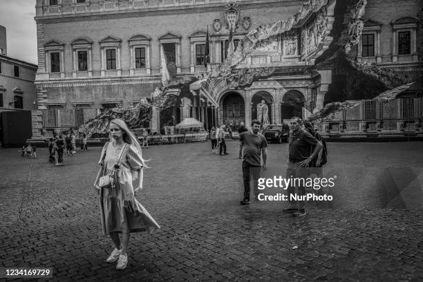 Image has been converted to black and white.) General view during the show of the art installation ''Punto di Fuga'' by JR on Palazzo Farnese on July...